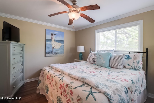 bedroom with dark wood finished floors, ceiling fan, baseboards, and ornamental molding