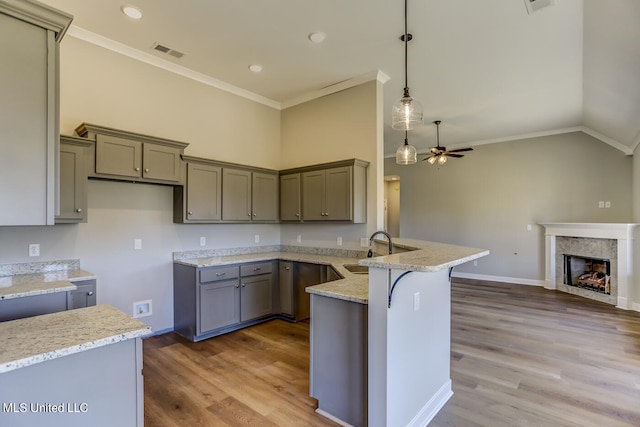 kitchen with hardwood / wood-style flooring, kitchen peninsula, crown molding, gray cabinets, and ceiling fan