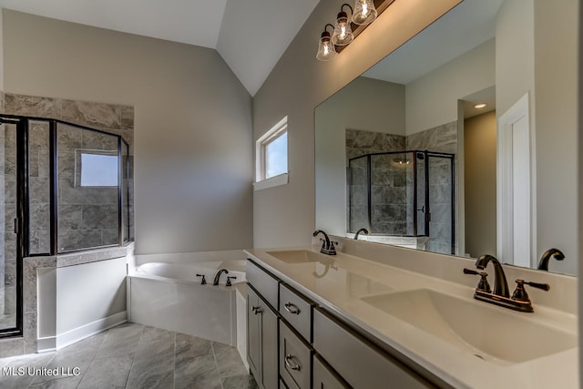 bathroom with vanity, independent shower and bath, tile patterned floors, and vaulted ceiling