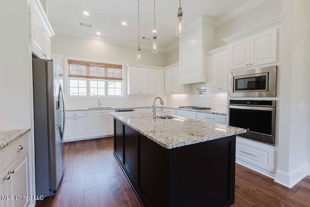 132 Freeland Ln, Clinton, MS 39056 - kitchen featuring stainless steel appliances, white cabinets, crown molding, decorative backsplash, and recessed lighting