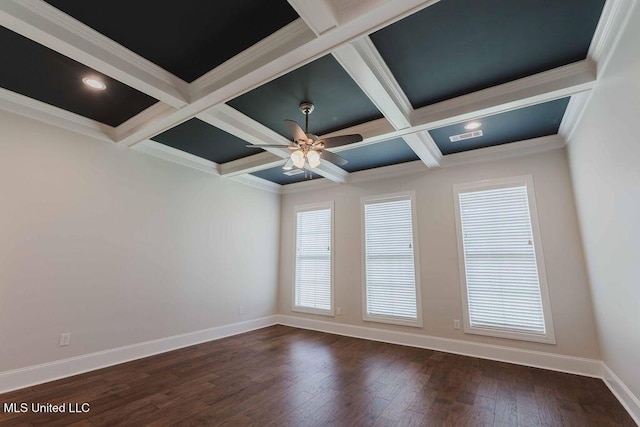 132 Freeland Ln, Clinton, MS 39056 - spare room with coffered ceiling, a ceiling fan, beam ceiling, dark wood finished floors, and crown molding