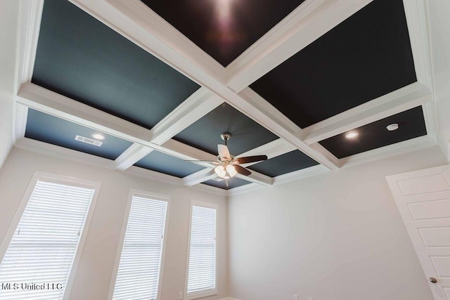 132 Freeland Ln, Clinton, MS 39056 - detailed view of coffered ceiling, beamed ceiling, ceiling fan, and crown molding