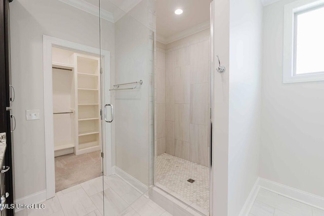 132 Freeland Ln, Clinton, MS 39056 - full bath featuring ornamental molding, a stall shower, a spacious closet, and marble finish flooring