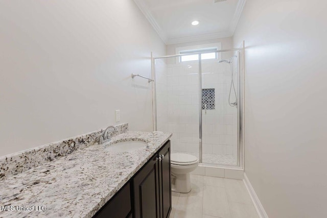 132 Freeland Ln, Clinton, MS 39056 - bathroom featuring ornamental molding, a shower stall, and vanity