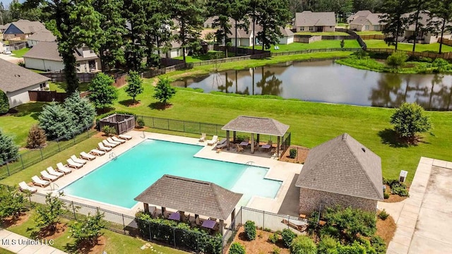 132 Freeland Ln, Clinton, MS 39056 - community pool featuring a gazebo, a fenced backyard, a water view, and a patio area