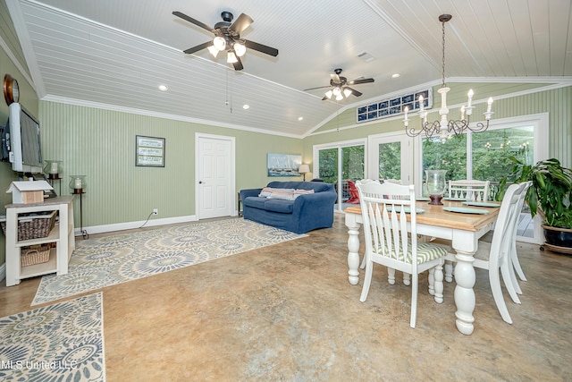 dining space featuring healthy amount of natural light, lofted ceiling, a ceiling fan, crown molding, and baseboards
