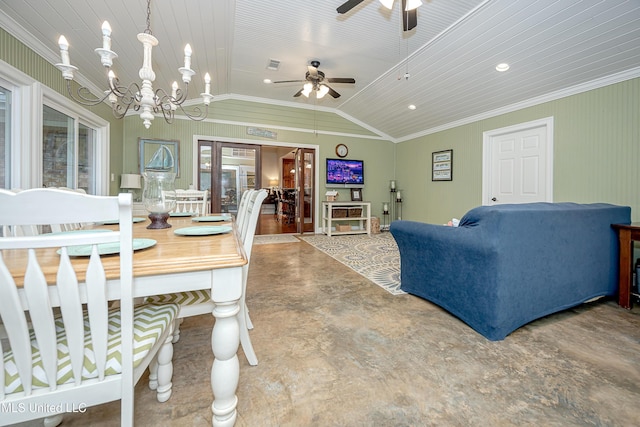 dining room featuring concrete flooring, vaulted ceiling, ornamental molding, ceiling fan, and a chandelier