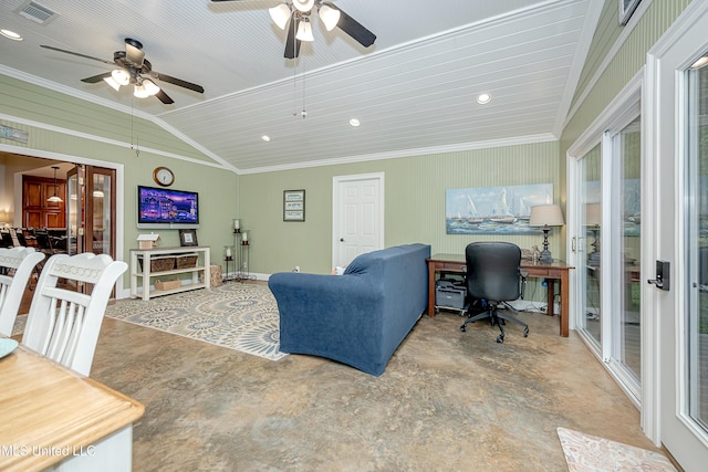 living area featuring finished concrete flooring, a ceiling fan, a desk, vaulted ceiling, and ornamental molding