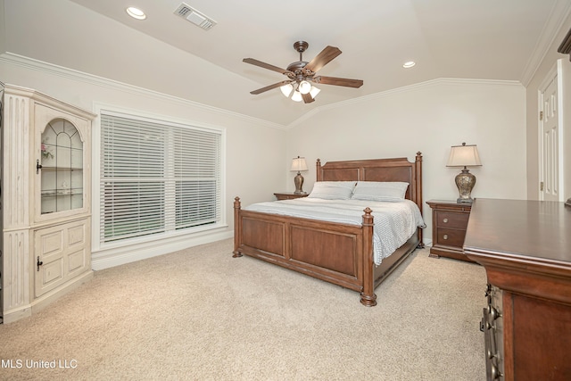 bedroom with vaulted ceiling, light colored carpet, ornamental molding, recessed lighting, and ceiling fan