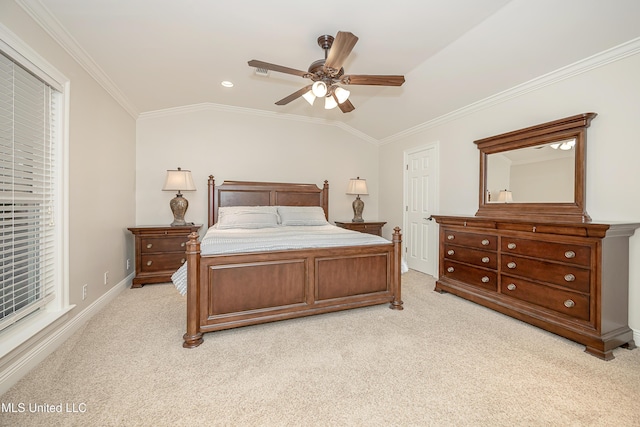 bedroom with light colored carpet, vaulted ceiling, crown molding, ceiling fan, and recessed lighting