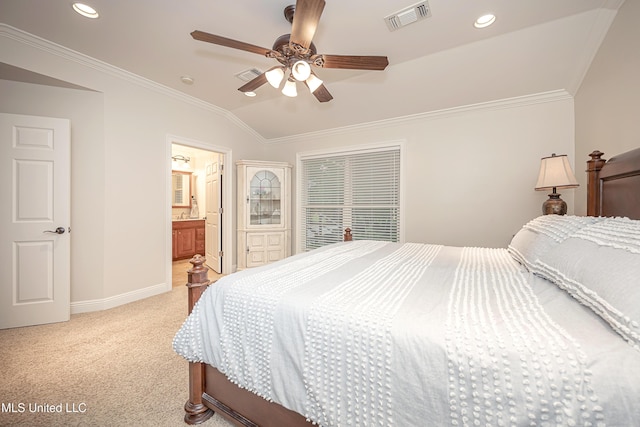 bedroom featuring ornamental molding, light colored carpet, vaulted ceiling, baseboards, and recessed lighting