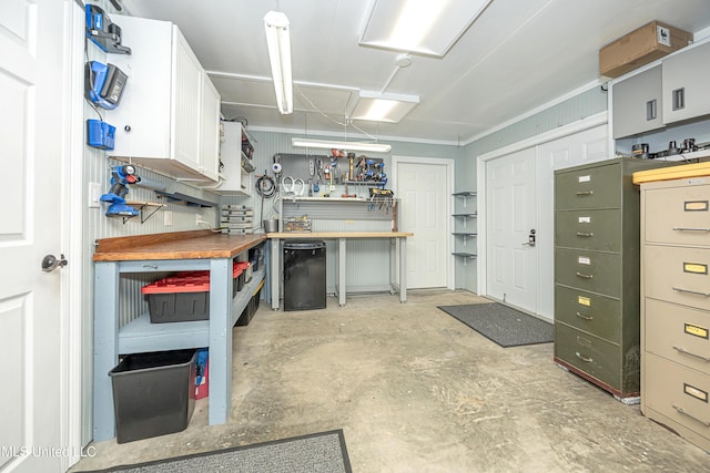 kitchen with concrete floors, white cabinets, and open shelves