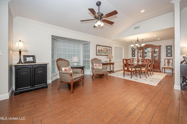 living area featuring lofted ceiling, a ceiling fan, a chandelier, crown molding, and baseboards