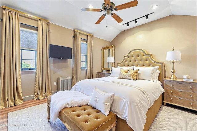 bedroom with wood finished floors, a ceiling fan, and vaulted ceiling