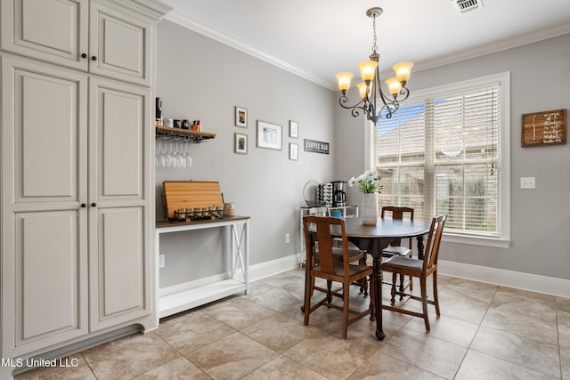 3841 Chateau Cv, Ocean Springs, MS 39564 - dining space featuring a chandelier, ornamental molding, and light tile patterned flooring