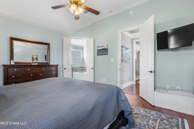 3841 Chateau Cv, Ocean Springs, MS 39564 - bedroom featuring ornamental molding, wood finished floors, ensuite bath, and a ceiling fan