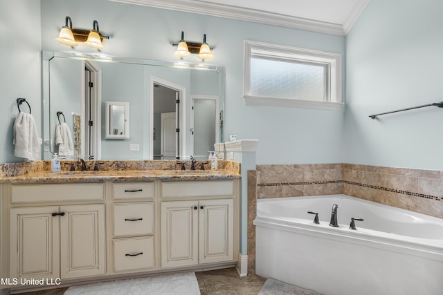3841 Chateau Cv, Ocean Springs, MS 39564 - full bathroom with double vanity, a garden tub, and crown molding