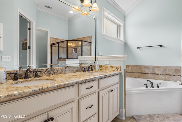 3841 Chateau Cv, Ocean Springs, MS 39564 - bathroom featuring crown molding, a shower stall, double vanity, and a bath