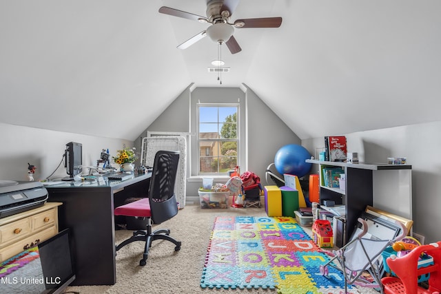 3841 Chateau Cv, Ocean Springs, MS 39564 - office space featuring carpet flooring, a ceiling fan, and lofted ceiling