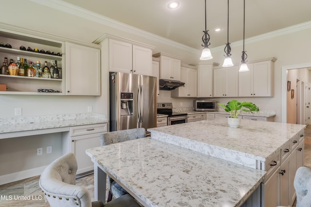 3936 David Ln, Diberville, MS 39540 - kitchen with stainless steel appliances, ornamental molding, a center island, under cabinet range hood, and hanging light fixtures