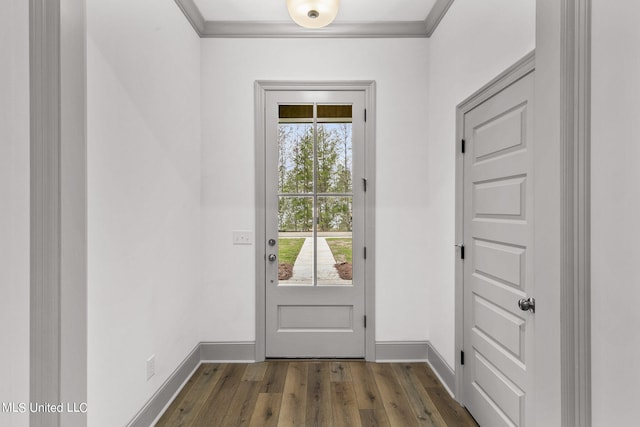 doorway to outside with crown molding and dark hardwood / wood-style flooring