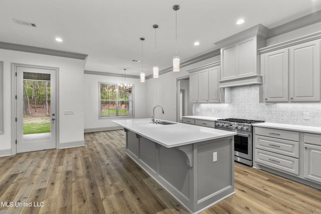 kitchen with stainless steel range, a kitchen island with sink, sink, and hardwood / wood-style flooring