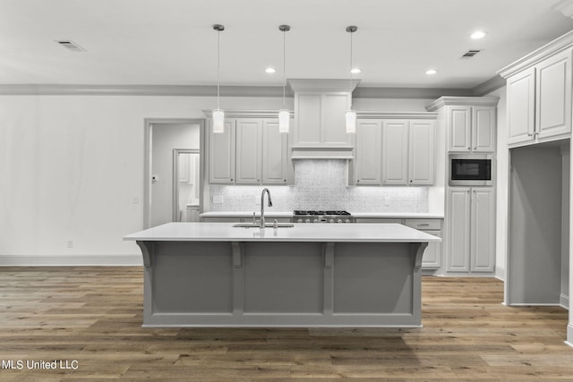 kitchen with sink, a center island with sink, and light wood-type flooring