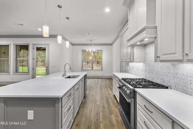 kitchen with stainless steel appliances, hanging light fixtures, custom exhaust hood, and a kitchen island with sink