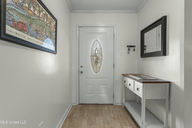 doorway to outside featuring crown molding and light hardwood / wood-style flooring