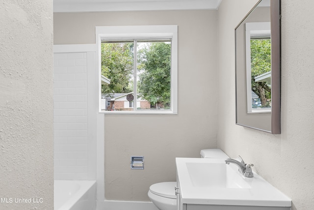 full bathroom with vanity, a healthy amount of sunlight, toilet, and  shower combination