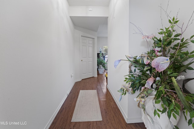 corridor with baseboards and wood finished floors