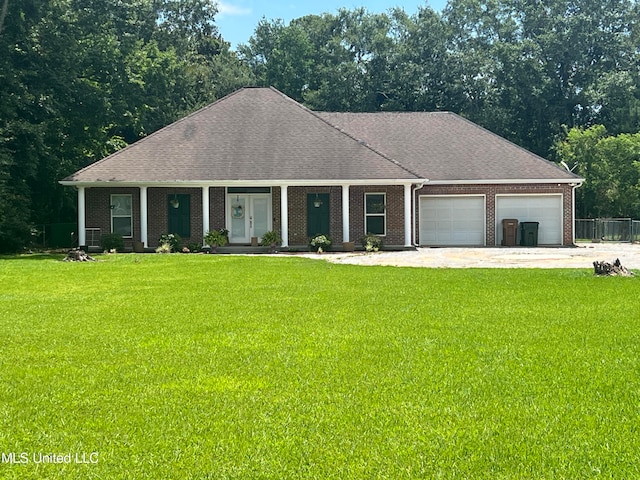 ranch-style home with a porch, a front lawn, and a garage