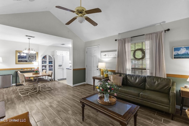 7012 Copper Cv, Ridgeland, MS 39157 - living room with ceiling fan, wood finish floors, high vaulted ceiling, a chandelier, and baseboards