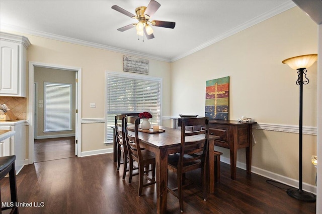 205 Stonebriar Ln, Brandon, MS 39042 - dining area with ceiling fan, dark wood-type flooring, and ornamental molding