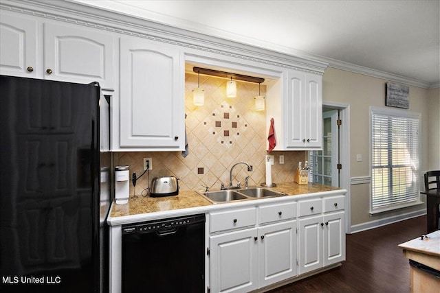 205 Stonebriar Ln, Brandon, MS 39042 - kitchen featuring black appliances, decorative backsplash, dark wood-type flooring, crown molding, and white cabinetry
