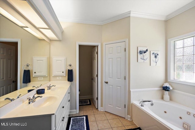 205 Stonebriar Ln, Brandon, MS 39042 - full bath with double vanity, a whirlpool tub, tile patterned floors, and ornamental molding