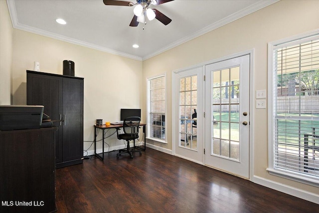 205 Stonebriar Ln, Brandon, MS 39042 - office featuring wood finished floors, ceiling fan, crown molding, and recessed lighting