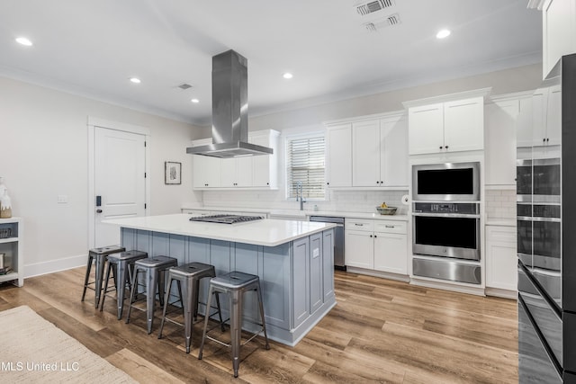 kitchen with island exhaust hood, white cabinetry, a center island, and appliances with stainless steel finishes