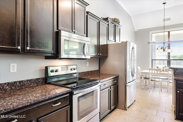 6865 Payne Ln, Olive Branch, MS 38654 - kitchen with stainless steel appliances, lofted ceiling, a chandelier, dark brown cabinets, and decorative light fixtures