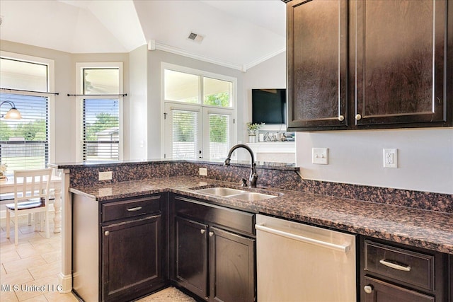 6865 Payne Ln, Olive Branch, MS 38654 - kitchen featuring dishwasher, vaulted ceiling, crown molding, healthy amount of natural light, and a peninsula