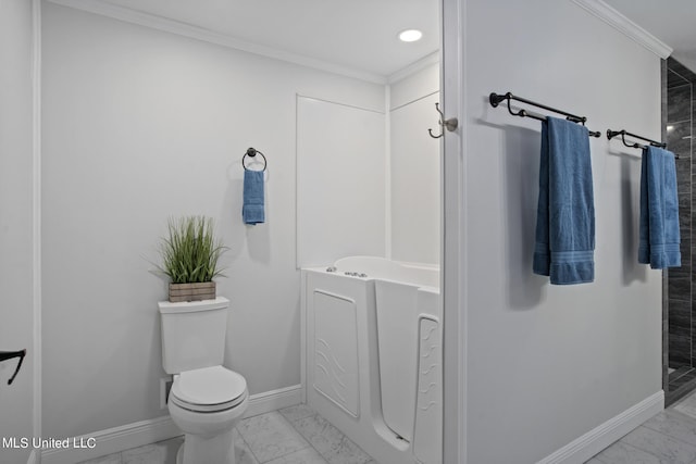 bathroom featuring toilet, ornamental molding, and independent shower and bath