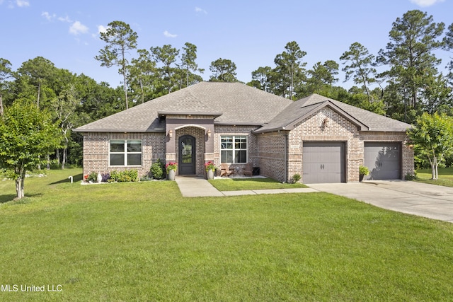 14463 Aerie Rd, Gulfport, MS 39503 - french country inspired facade with brick siding, a front lawn, concrete driveway, an attached garage, and a shingled roof