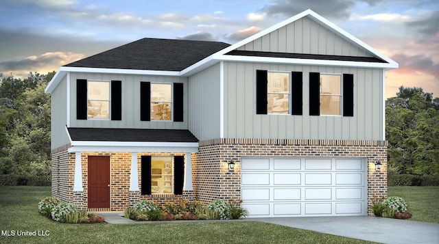 view of front facade featuring driveway, brick siding, an attached garage, and a shingled roof