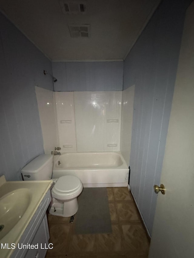 full bathroom featuring vanity,  shower combination, and toilet