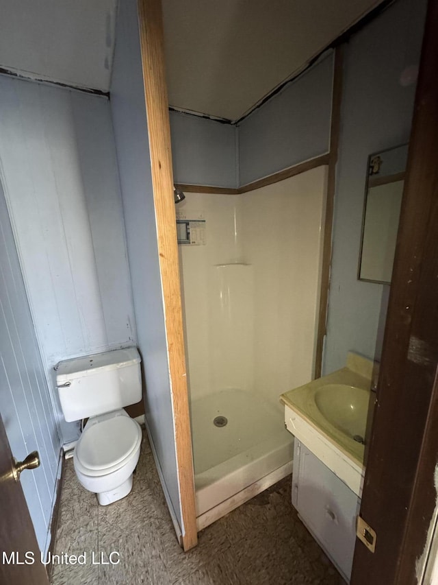 bathroom with a shower, vanity, and toilet