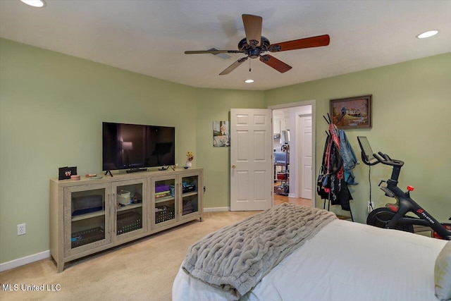 carpeted bedroom with recessed lighting, baseboards, and ceiling fan