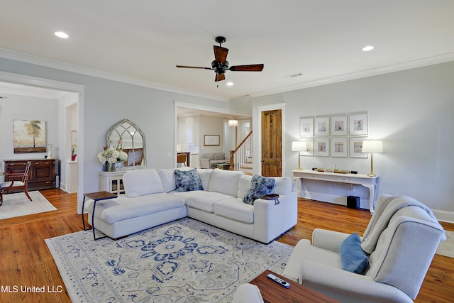 233 Arbor Trl, Brandon, MS 39047 - living room featuring recessed lighting, a ceiling fan, visible vents, and stairway