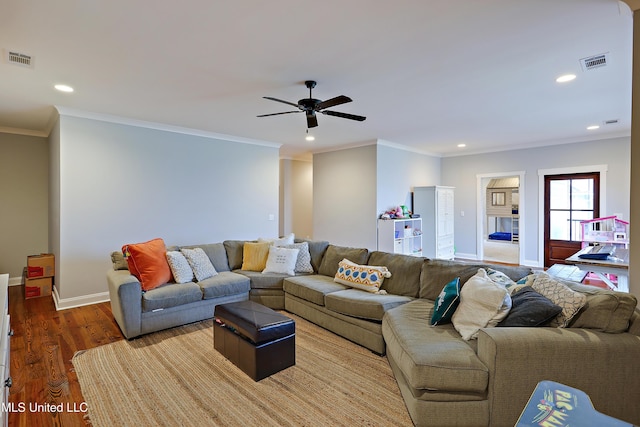 233 Arbor Trl, Brandon, MS 39047 - living area featuring wood finished floors, visible vents, ceiling fan, and baseboards