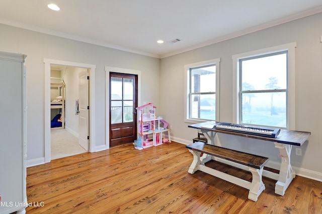 233 Arbor Trl, Brandon, MS 39047 - playroom with light wood finished floors, recessed lighting, crown molding, visible vents, and baseboards
