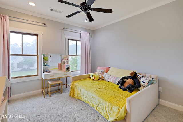 233 Arbor Trl, Brandon, MS 39047 - carpeted bedroom with recessed lighting, ornamental molding, baseboards, visible vents, and a ceiling fan